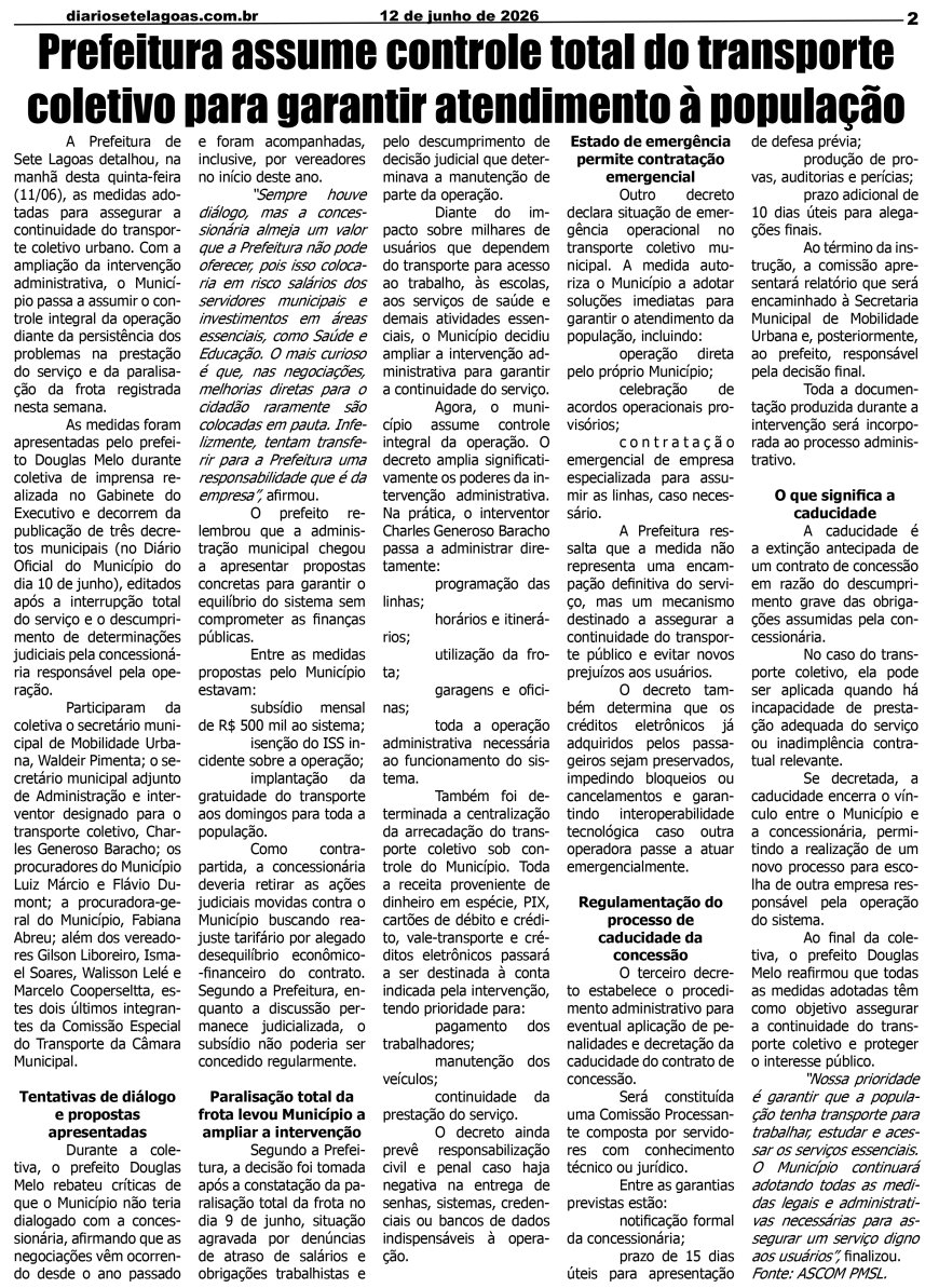 Jornal Diário Sete Lagoas de sexta-feira dia 12 de junho de 2026