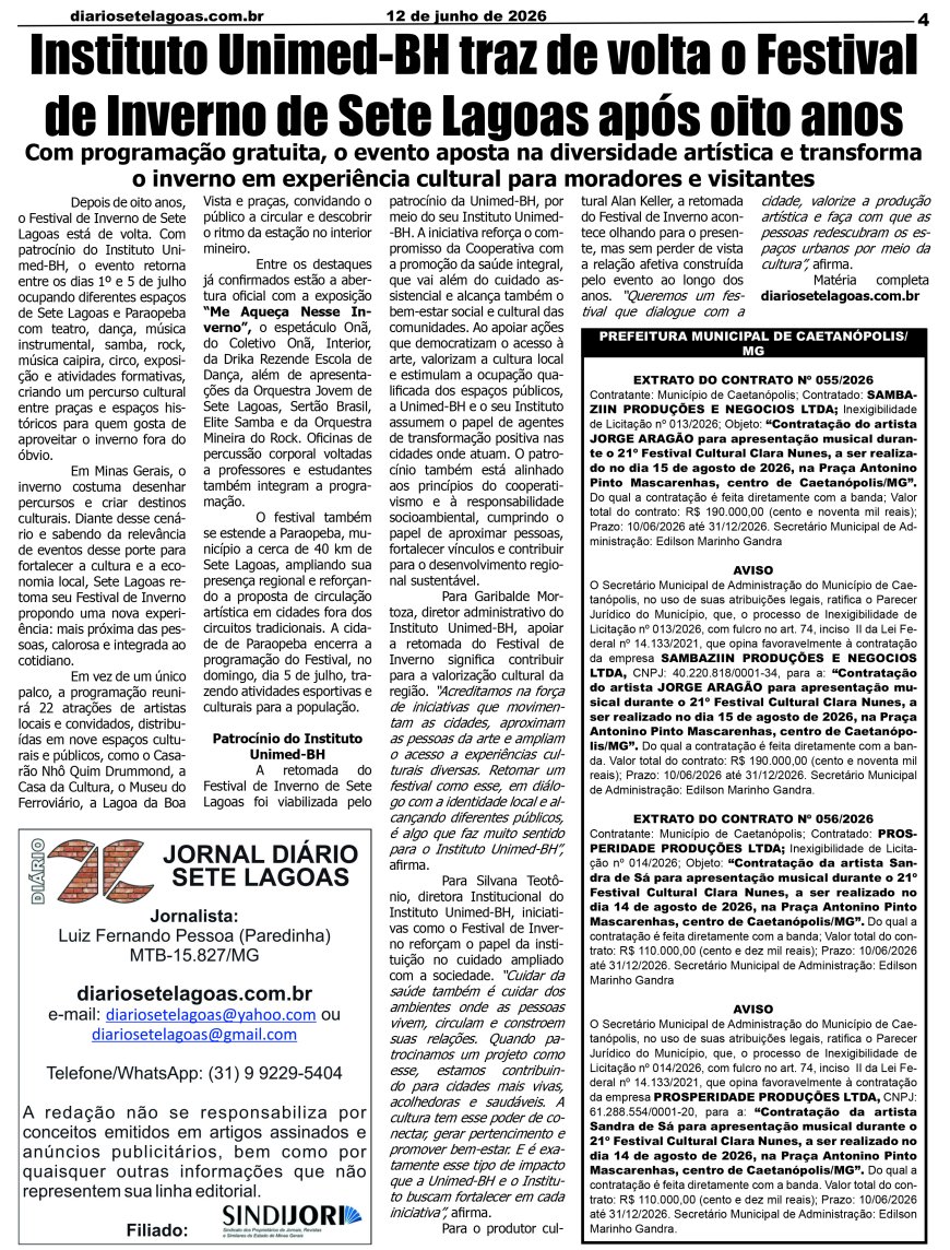 Jornal Diário Sete Lagoas de sexta-feira dia 12 de junho de 2026