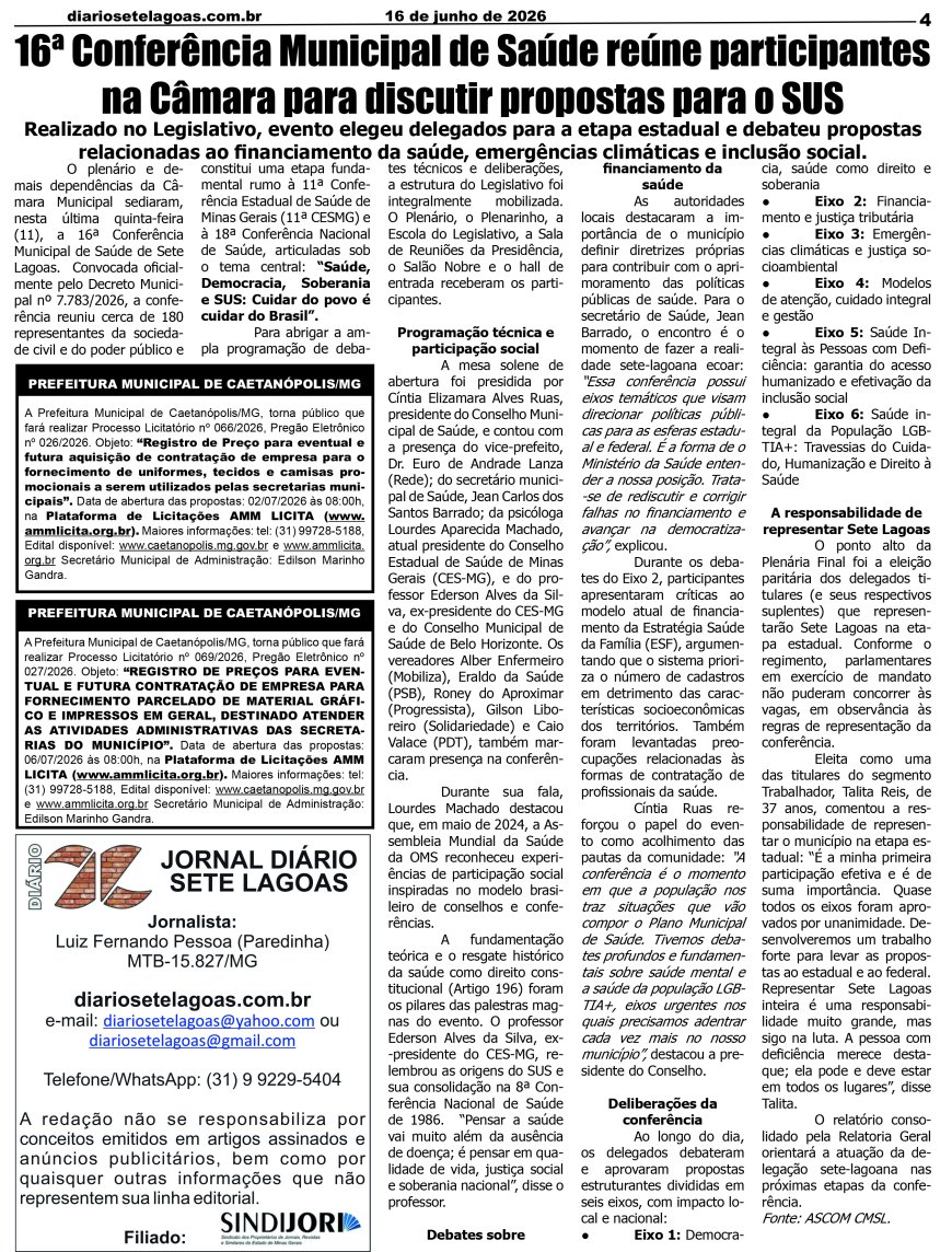 Jornal Diário Sete Lagoas de terça-feira dia 16 de junho de 2026