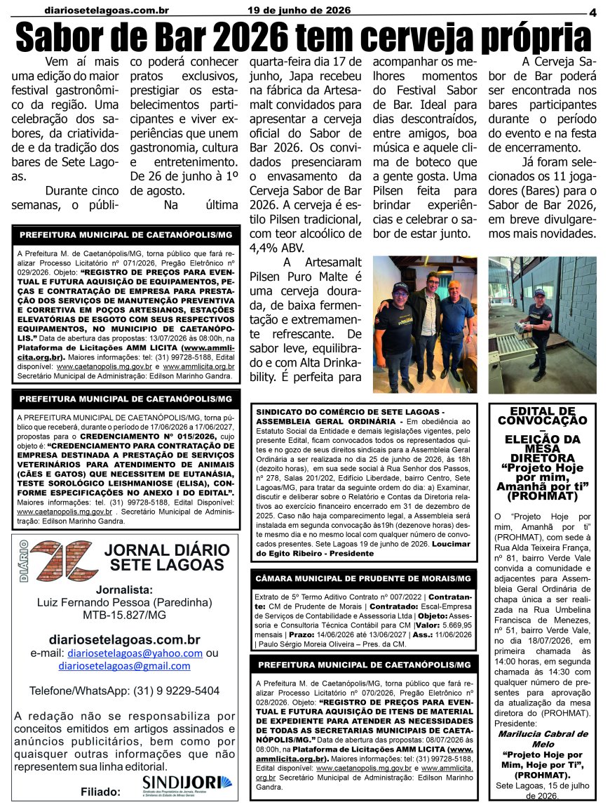 Jornal Diário Sete Lagoas de sexta-feira dia 19 de junho de 2026