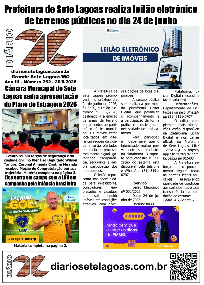 Jornal Diário Sete Lagoas de sábado dia 20 de junho de 2026