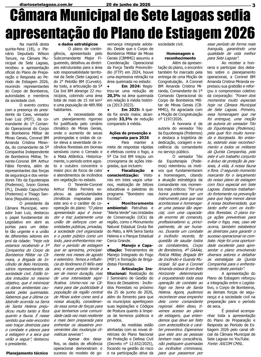 Jornal Diário Sete Lagoas de sábado dia 20 de junho de 2026