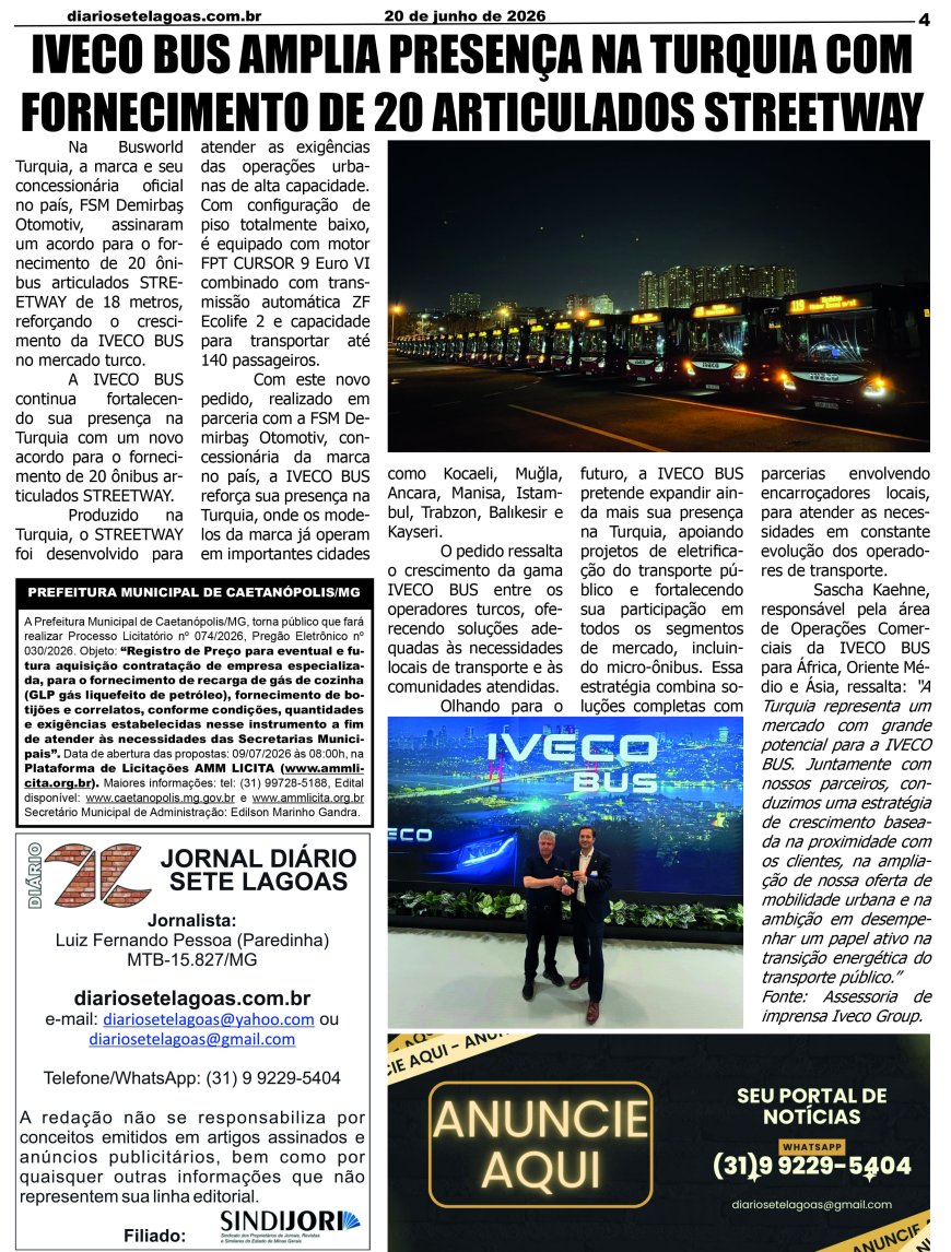 Jornal Diário Sete Lagoas de sábado dia 20 de junho de 2026