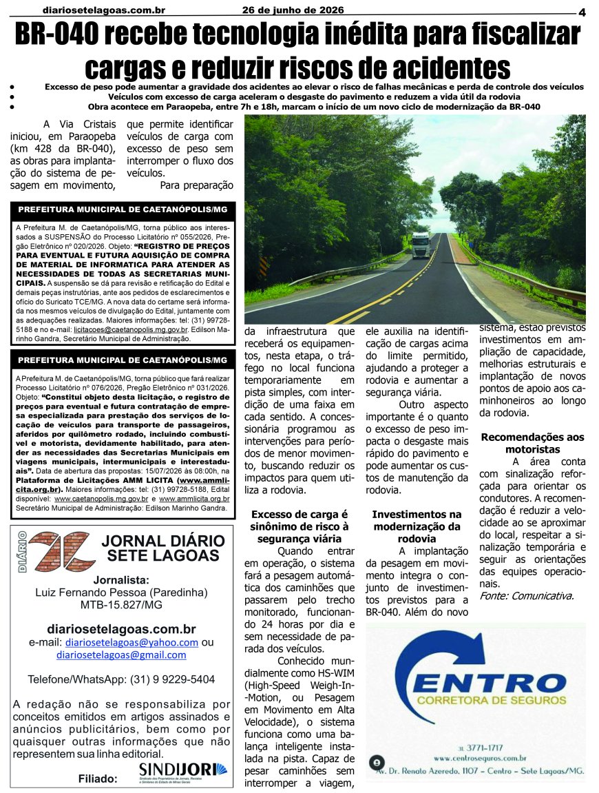 Jornal Diário Sete Lagoas de sexta-feira dia 26 de junho de 2026