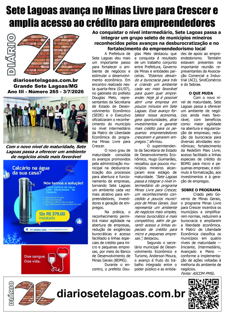 Jornal Diário Sete Lagoas de sexta-feira dia 3 de julho de 2026