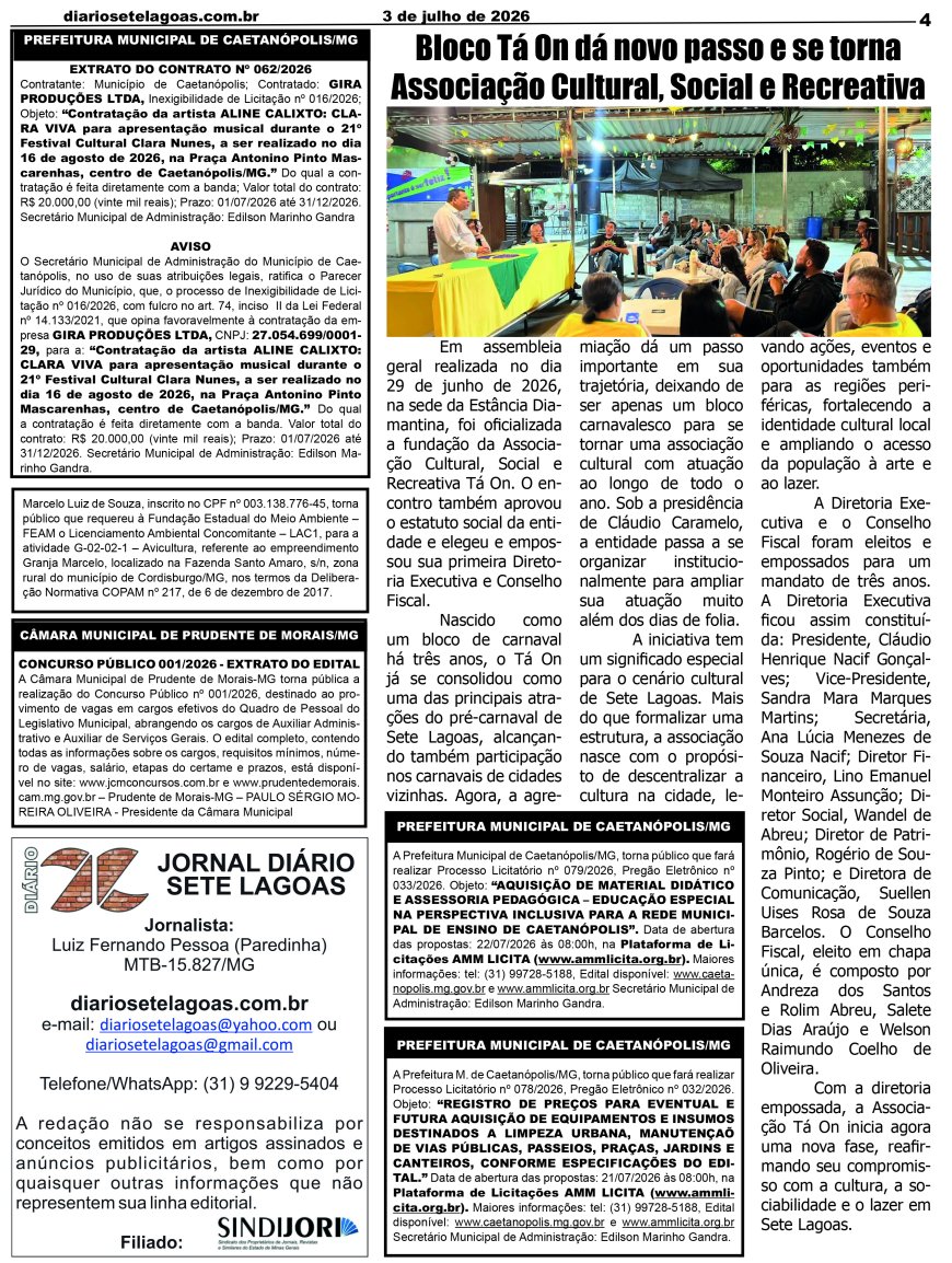 Jornal Diário Sete Lagoas de sexta-feira dia 3 de julho de 2026
