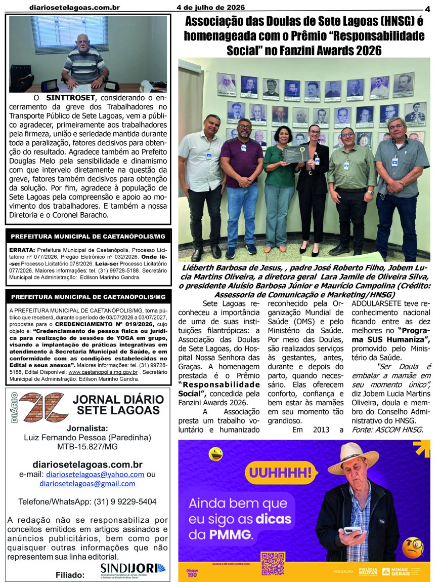 Jornal Diário Sete Lagoas de sábado dia 4 de julho de 2026
