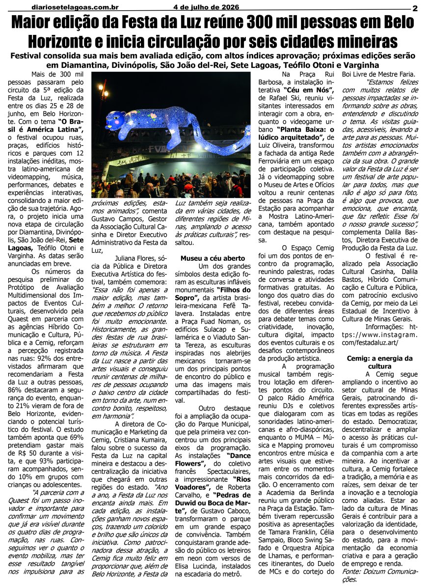 Jornal Diário Sete Lagoas de sábado dia 4 de julho de 2026