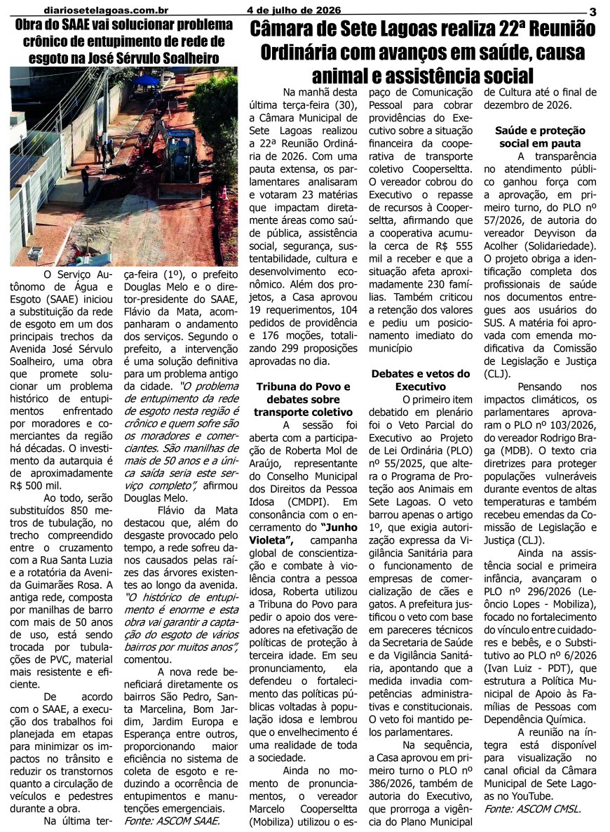 Jornal Diário Sete Lagoas de sábado dia 4 de julho de 2026