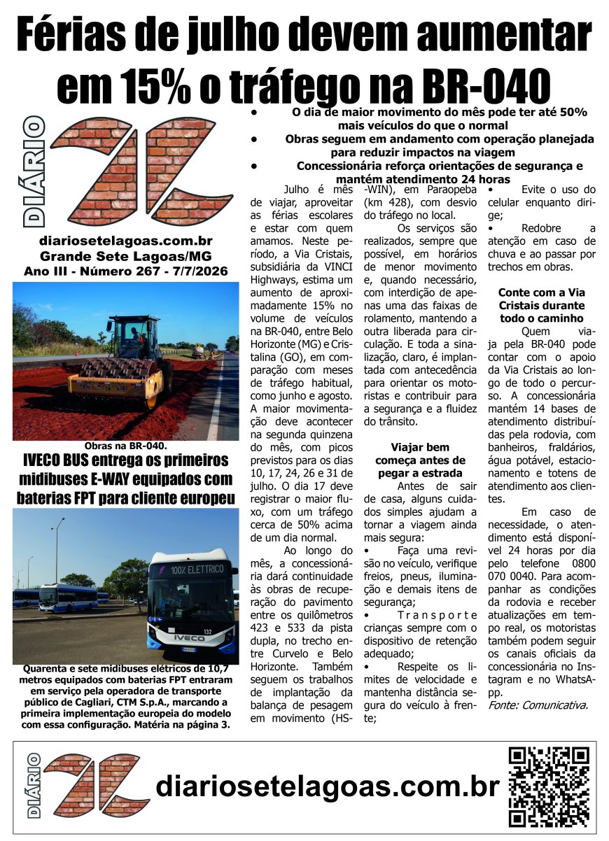 Jornal Diário Sete Lagoas de terça-feira dia 7 de julho de 2026