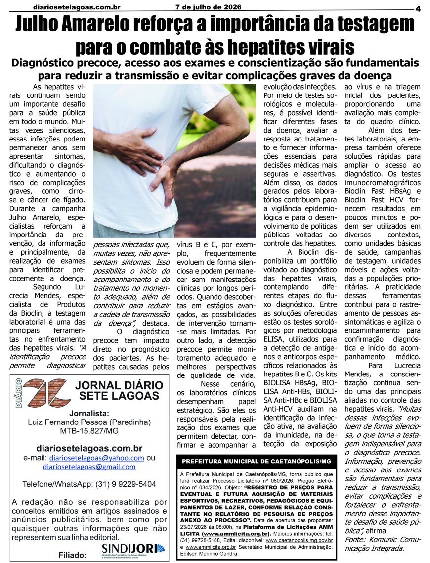 Jornal Diário Sete Lagoas de terça-feira dia 7 de julho de 2026