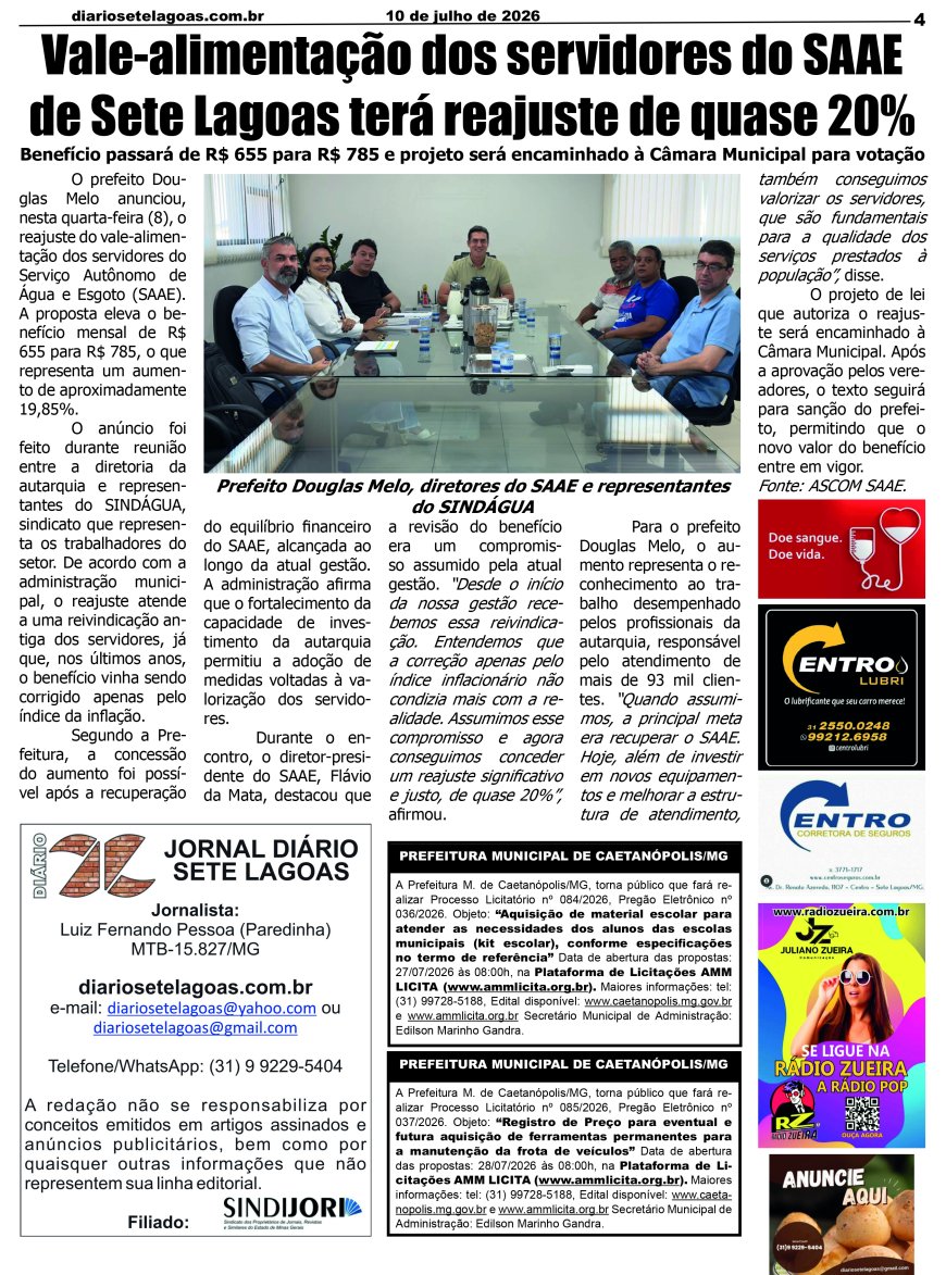 Jornal Diário Sete Lagoas de sexta-feira dia 10 de julho de 2026