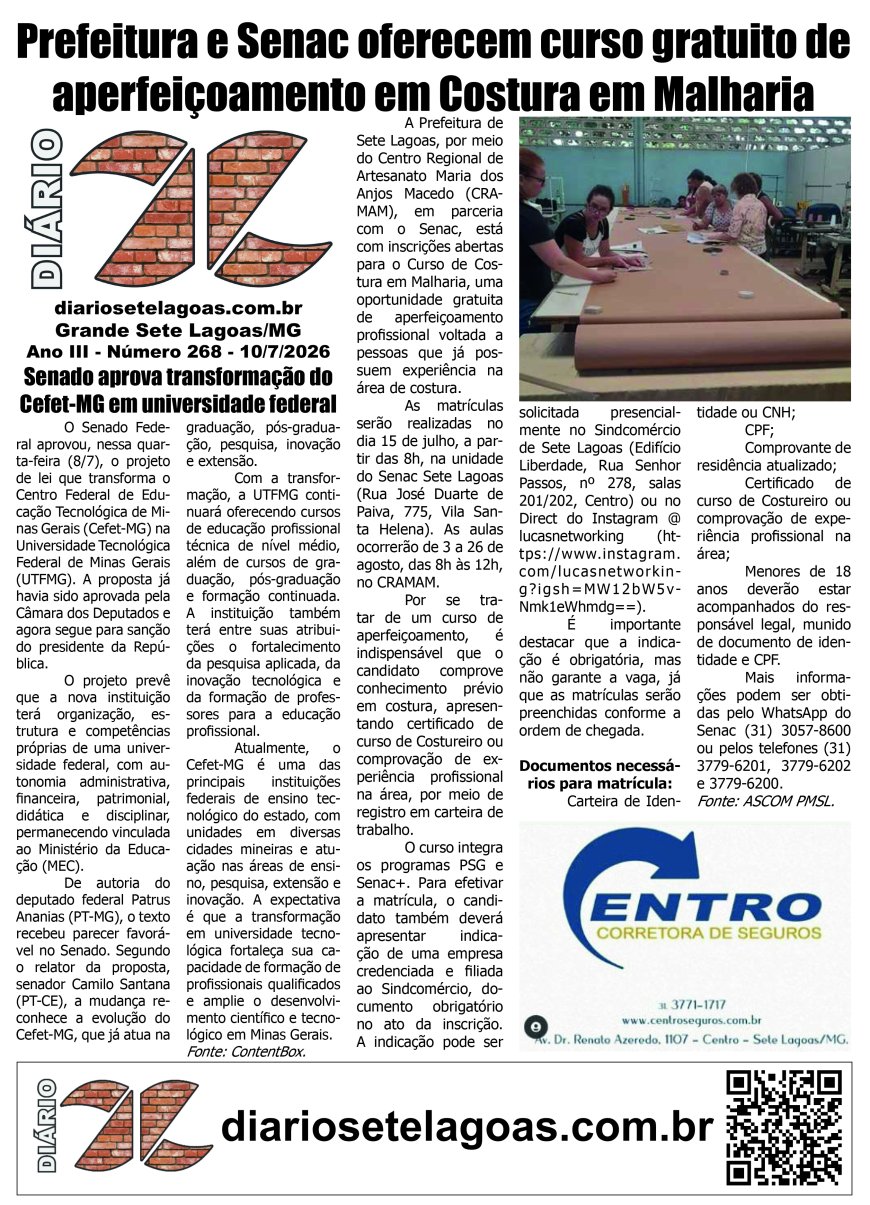 Jornal Diário Sete Lagoas de sexta-feira dia 10 de julho de 2026