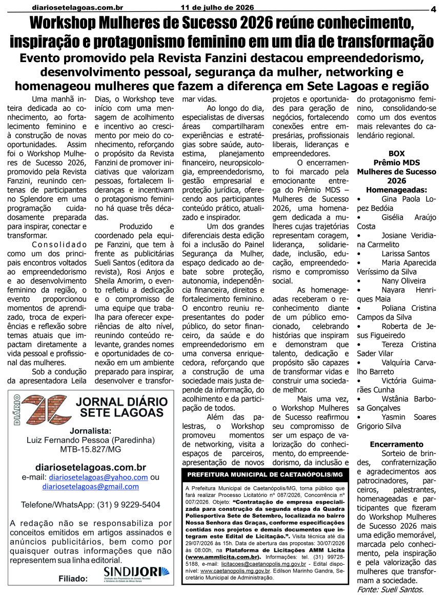 Jornal Diário Sete Lagoas de sábado dia 11 de julho de 2026