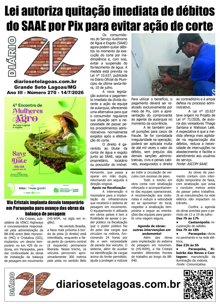Jornal Diário Sete Lagoas de terça-feira dia 14 de julho de 2026