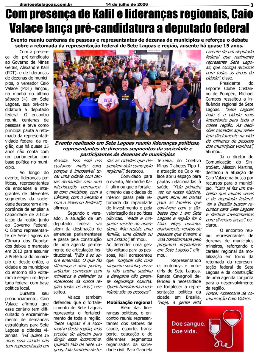 Jornal Diário Sete Lagoas de terça-feira dia 14 de julho de 2026