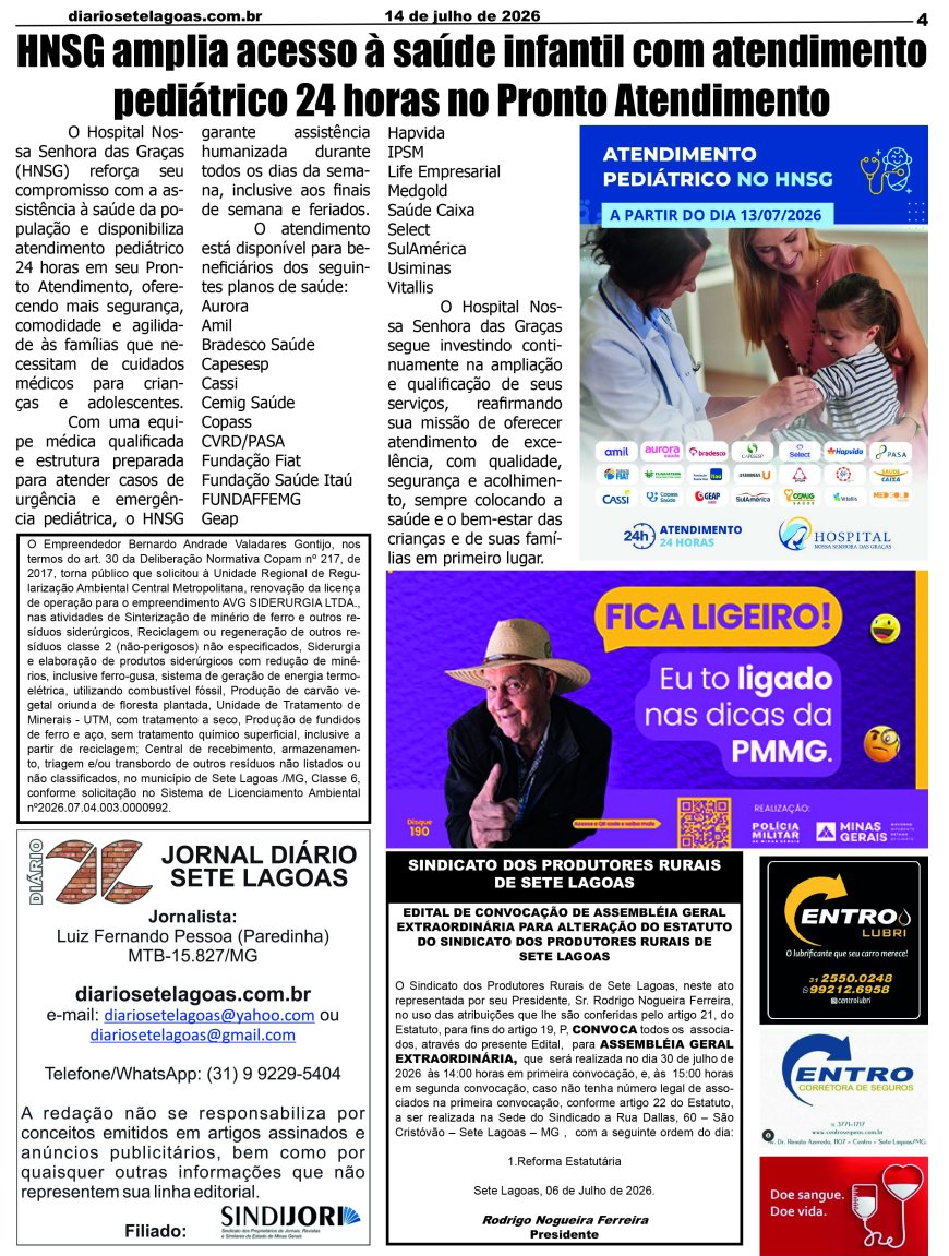 Jornal Diário Sete Lagoas de terça-feira dia 14 de julho de 2026